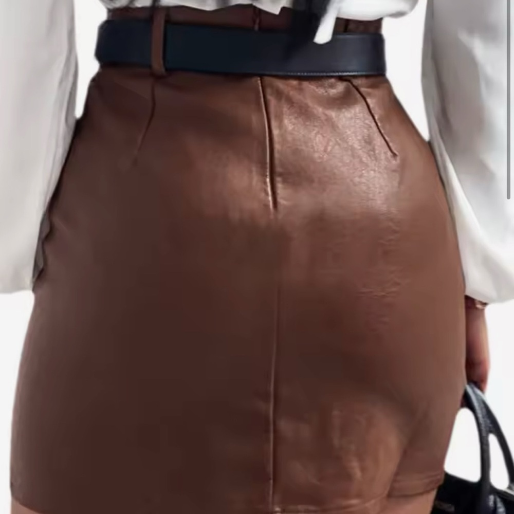 Brown PLeather Mini Skirt funky pencil skirt faux leather size L - Picture 3 of 9